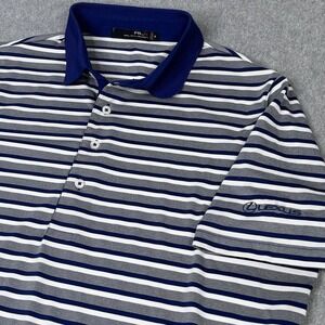 Ralph Lauren RLX Polo Shirt Blue Gray Striped Stretch Short Sleeve Men's‎ M LOGO